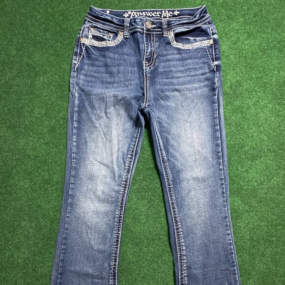 Women’s Answer Me Fleur De Lis Rhinestone Jeans Dark Wash (Unsized, Est. 29) - Picture 1 of 6